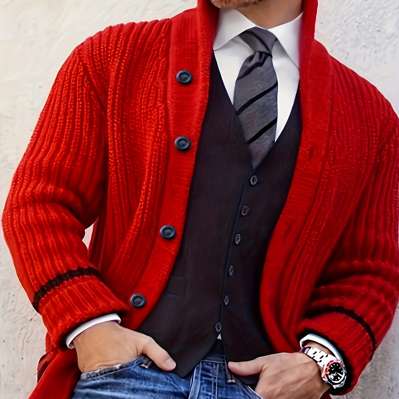 Erkaklar uchun plussiz o'lchamdagi trikotaj kardigan sviter, dumaloq bo'yin, cho'ziluvchan mato, bir rangli, cho'ntak detali va kuz/qish mavsumi uchun oddiy moslik.