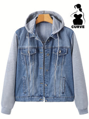 Chaqueta de mezclilla para mujer con capucha desmontable, de color sólido, manga larga, otoño y primavera