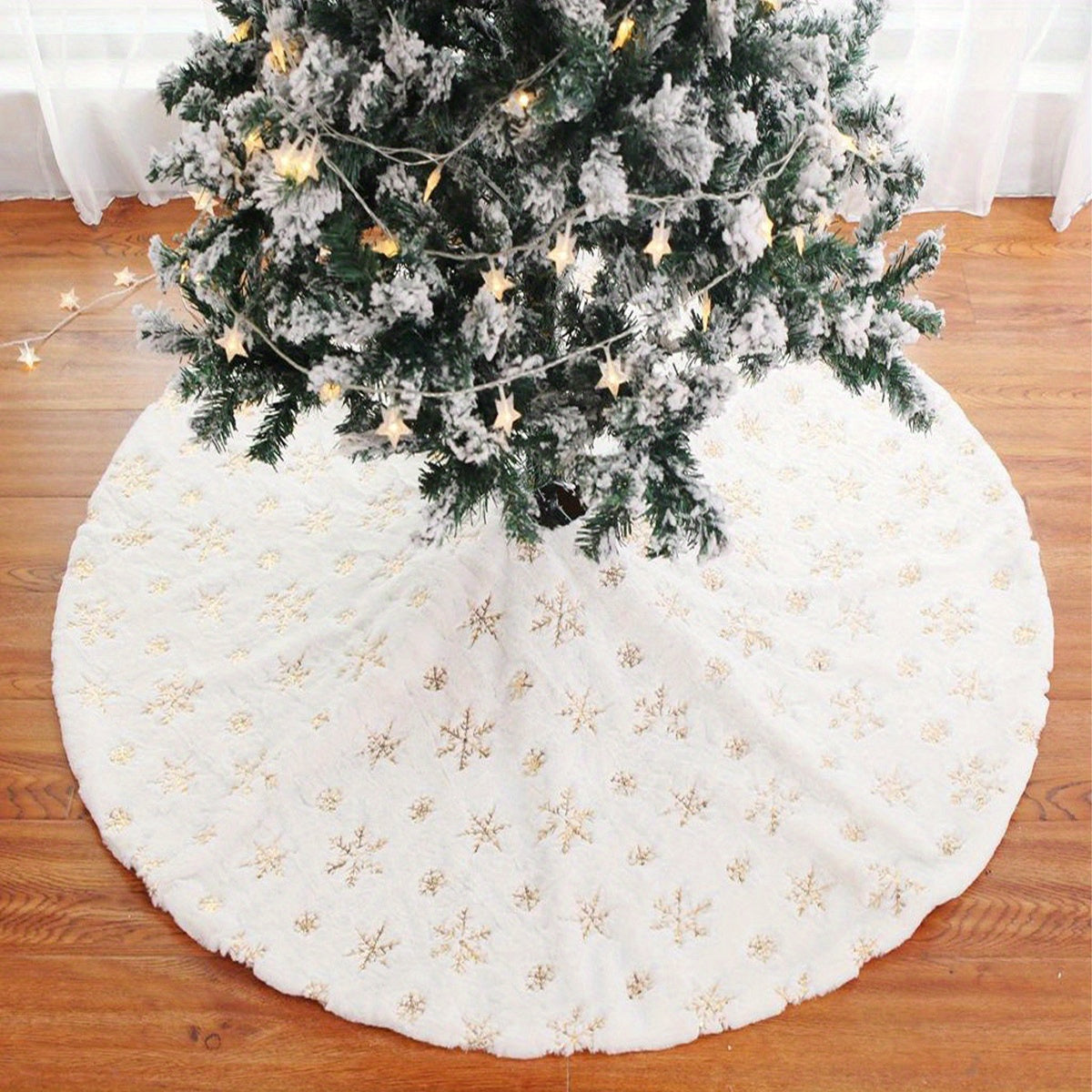 Falda de árbol de Navidad de poliéster festivo con diseño de copo de nieve, decoración navideña para hogar, hotel y centro comercial