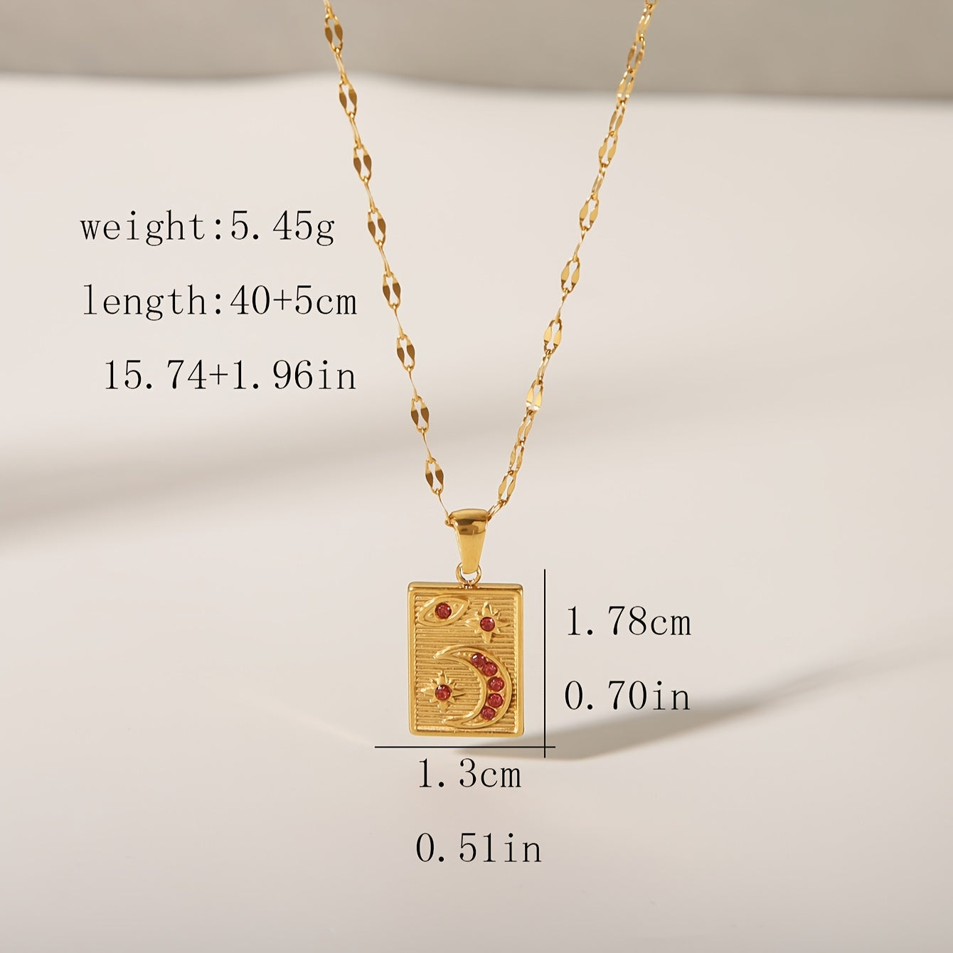 Gold Plated Stainless Steel Pendant Necklace with Geometric Rectangle and Crescent Moon Red Zirconia for Women