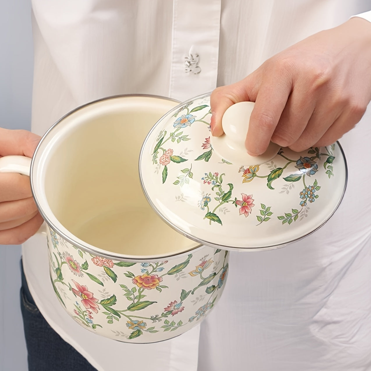 Enamel Butter Warmer Pot with Lid for Melting Butter Tea Noodles Stovetop Cookware