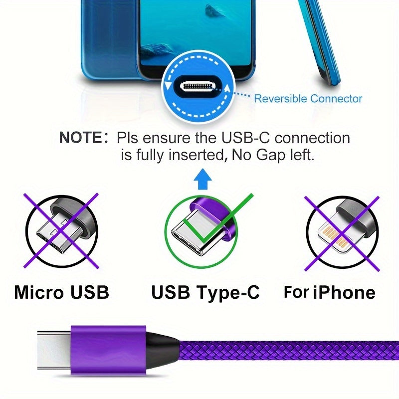 USB-C Fast Charging Cable for Android Phones Nylon Fabric 50-80W Data Transfer