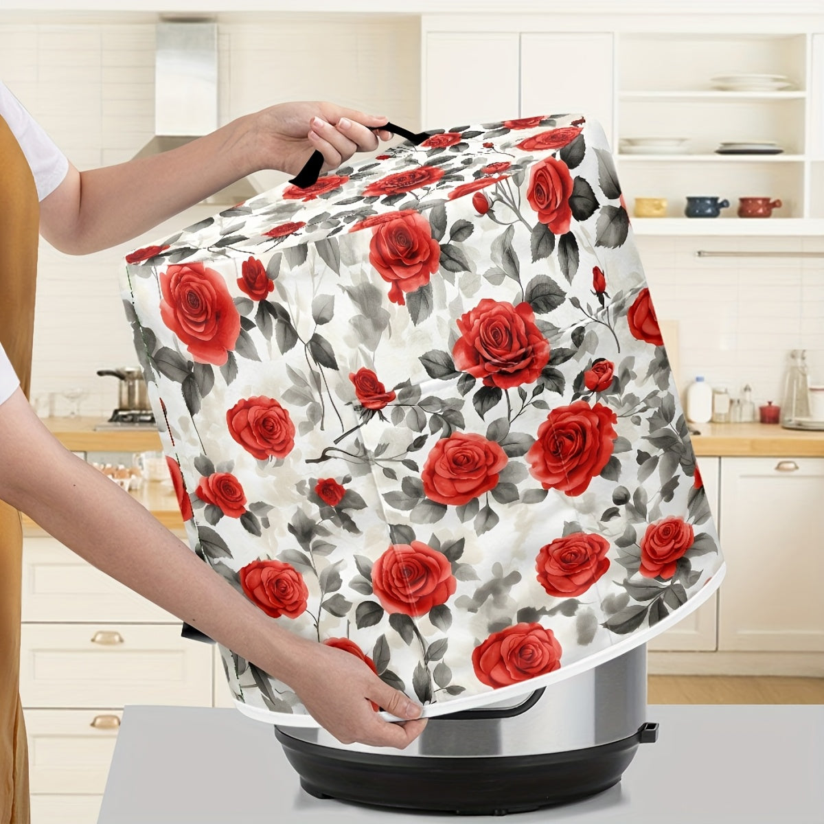 8 kvartli Instant Pot uchun yuqori tutqichi, cho'ntaklari va yuvilishi mumkin bo'lgan dizayni bilan roza naqshli bosim pishirgich qopqog'i oshxona asboblarini toza saqlaydi.