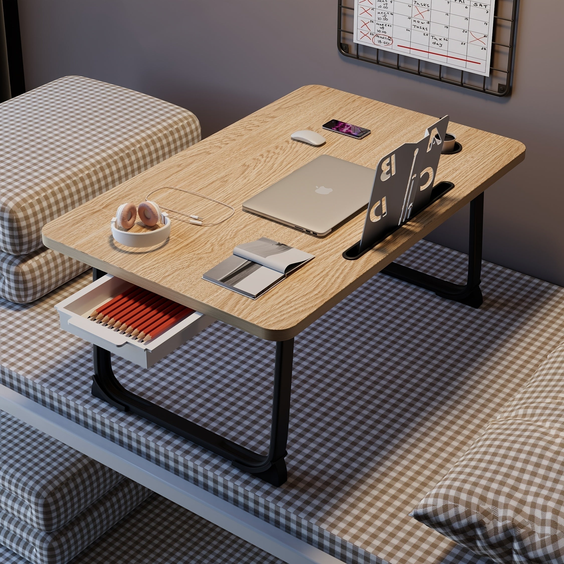 Yotqiziladigan yon stol, saqlash tortmasi, karta joylari, stakan ushlagichi va uy va ofis uchun qoplama noutbuk stoli.