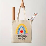 Personalized Name Teacher Rainbow Pattern Tote Bag for Back to School Reusable Shoulder Bag