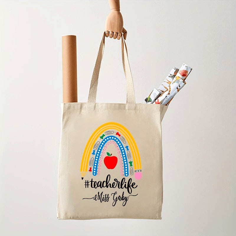 Personalized Name Teacher Rainbow Pattern Tote Bag for Back to School Reusable Shoulder Bag