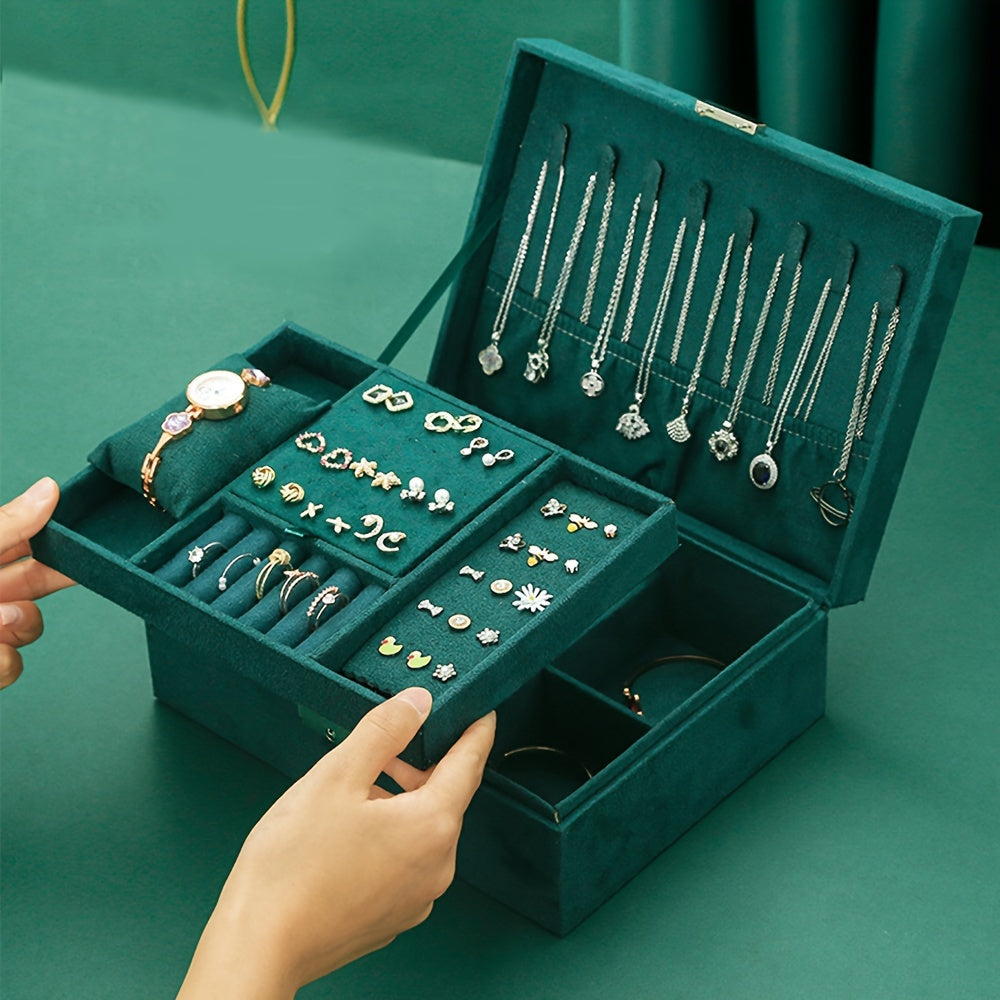 Caja de almacenamiento de joyas de doble capa y gran capacidad con cerradura para collares, relojes y pendientes