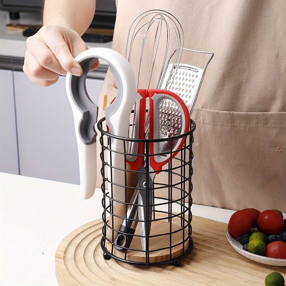 Kitchen Utensil Holder with Wooden Base for Countertop Storage and Drainage