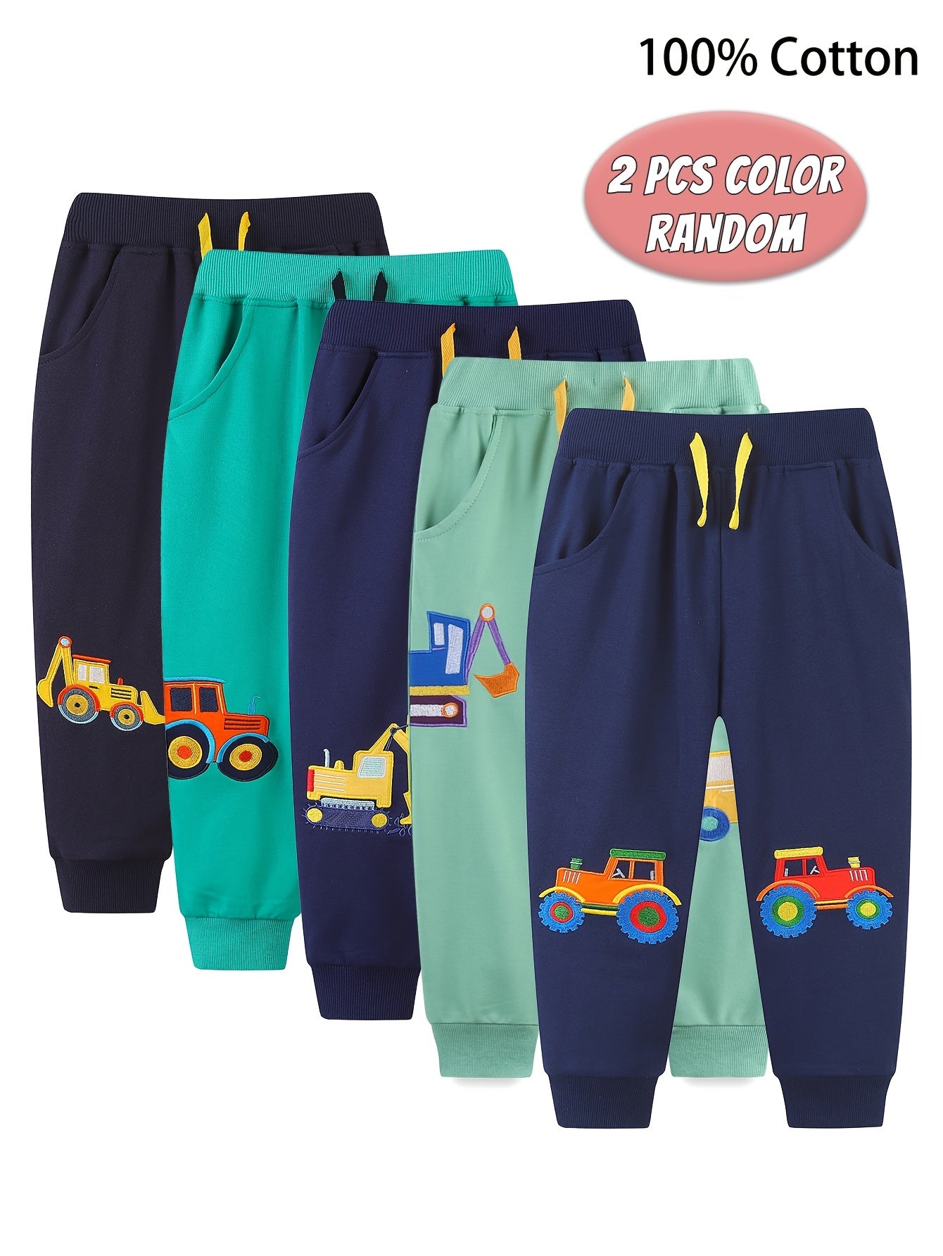 Boys Cotton Jogger Pants with Cartoon Vehicle Embroidery Elastic Waist Casual Sports All Sizes