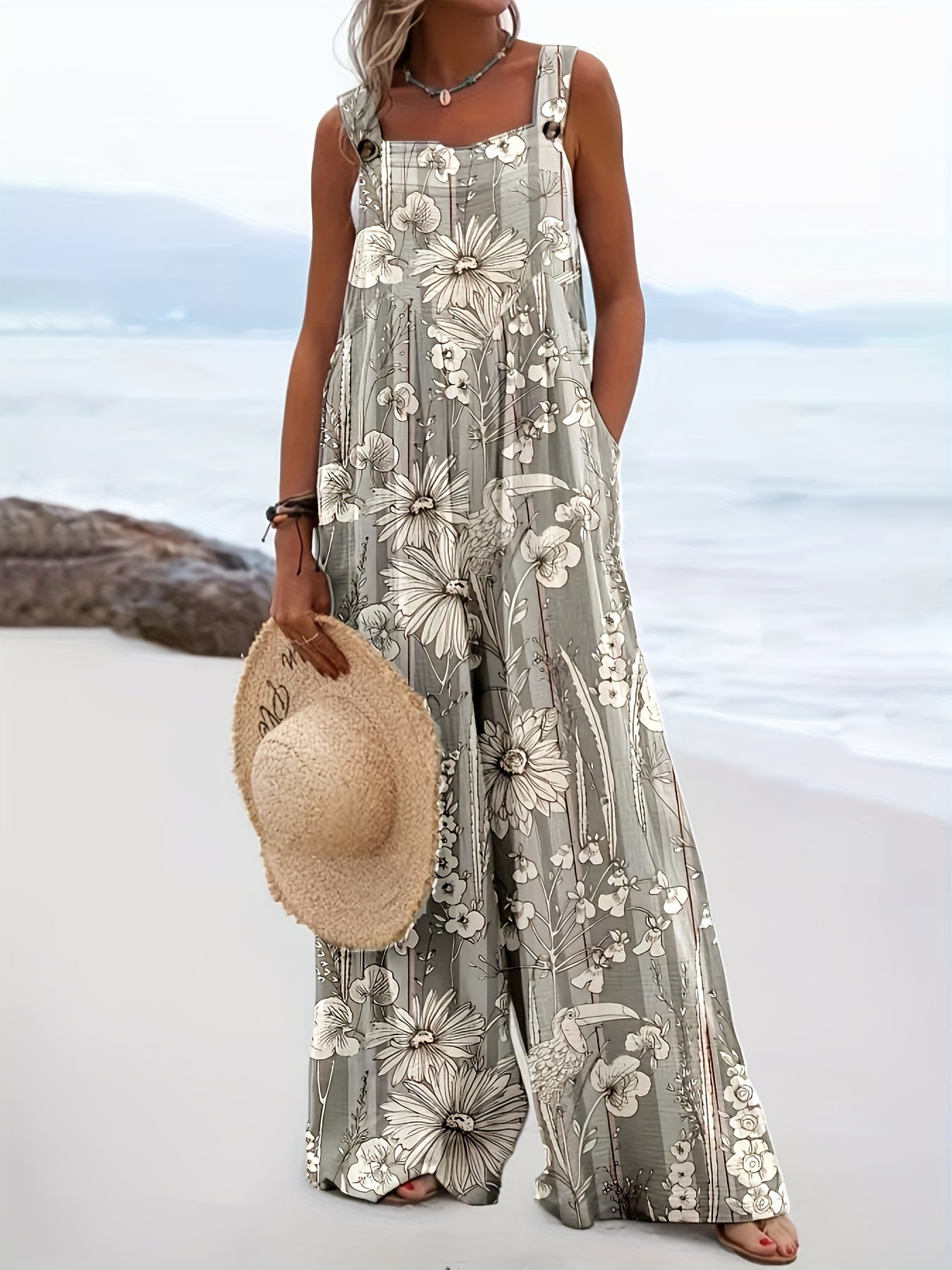 Women's Floral Print Wide-Leg Pants Lightweight Breathable All-Season Beachwear