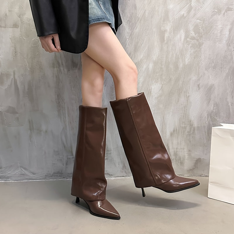 Women's Mid-Calf Stiletto Boots in Black Cream and Brown with PU Cover and Rubber Sole