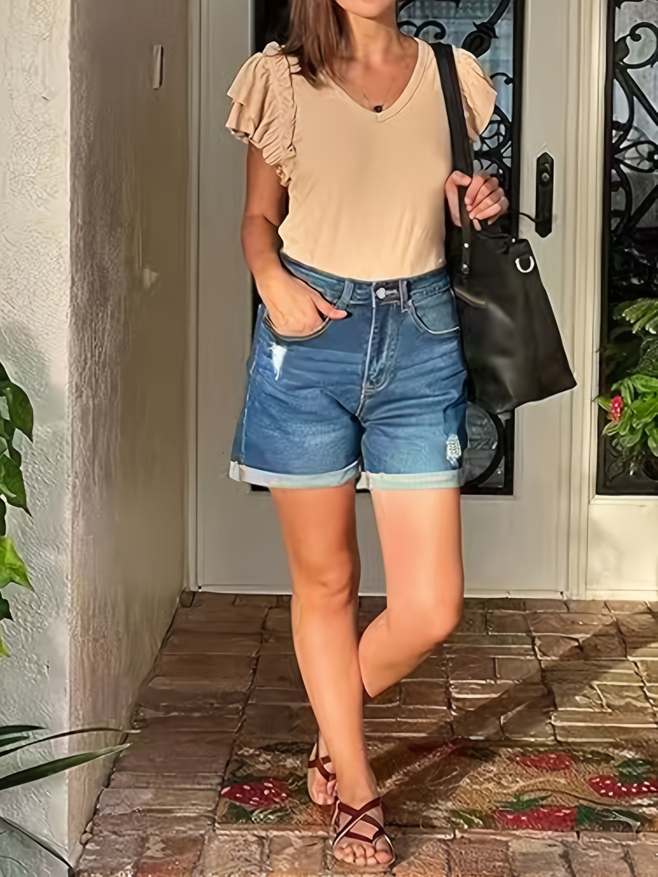 Plus-Size Women's Denim Shorts Ripped Curled Hem Blue Slim-Fit