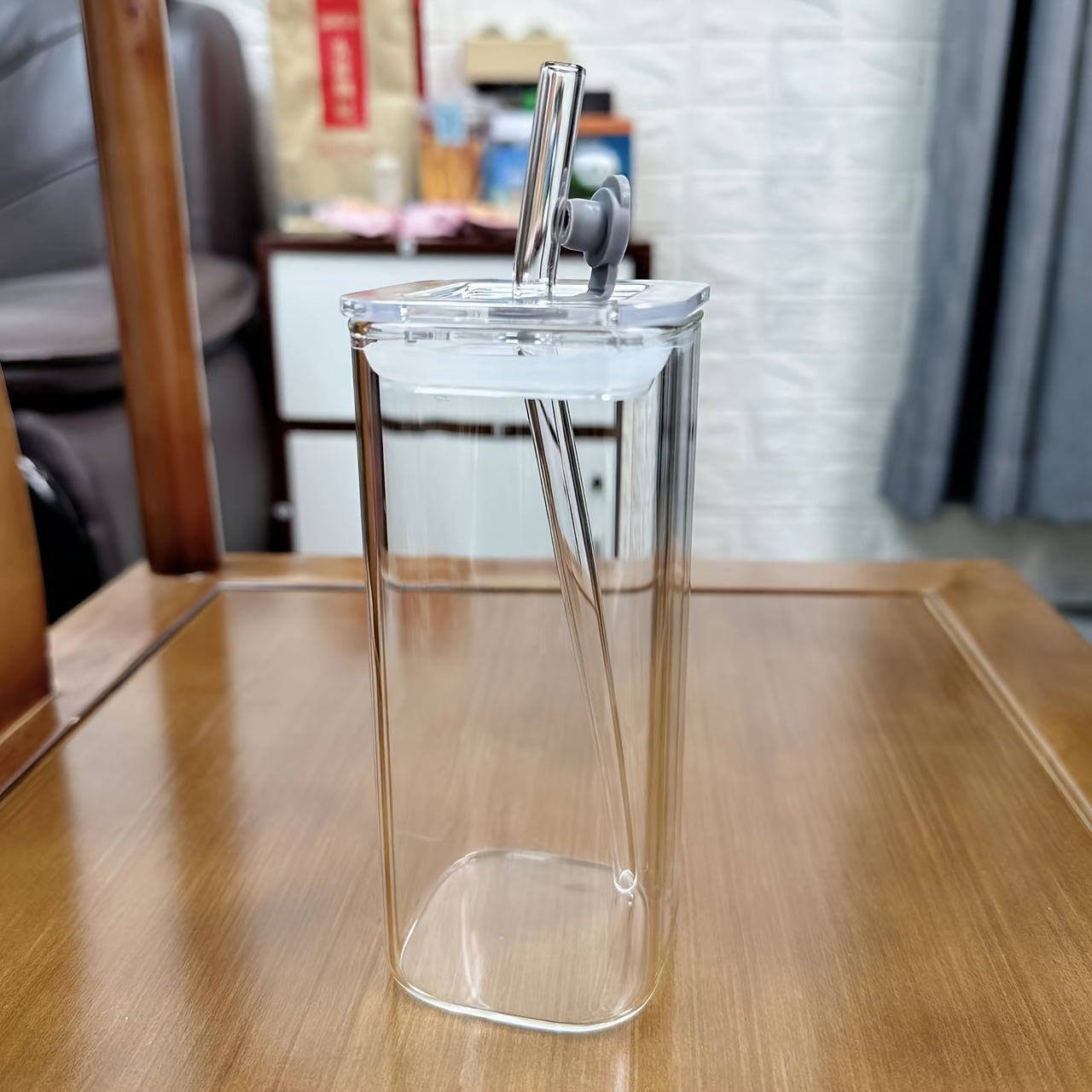 Square Glass Coffee Mug 400ml with Lid and Straw Clear Drinkware for Iced Coffee