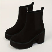 Women's Solid Color Platform Boots with Chunky Heels and Round Toe