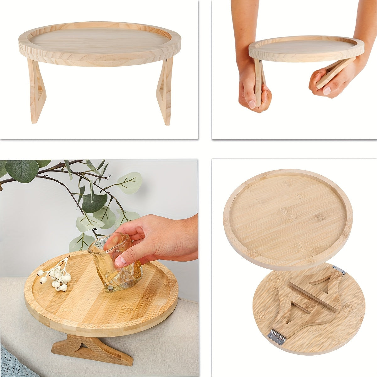 Foldable Wooden Sofa Side Table Natural Finish Portable Design