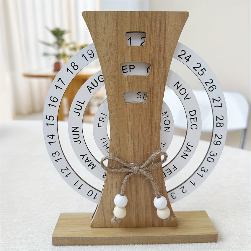 Handcrafted Wooden Perpetual Desk Calendar with Moon Ferris Wheel Design Weekly Monthly View