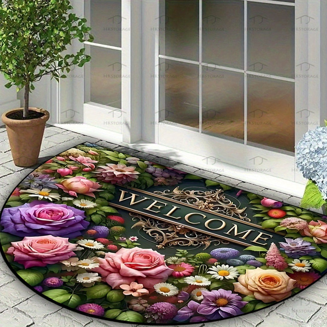 Half-Circle Welcome Floral Doormat Non-Slip Washable for High-Traffic Areas
