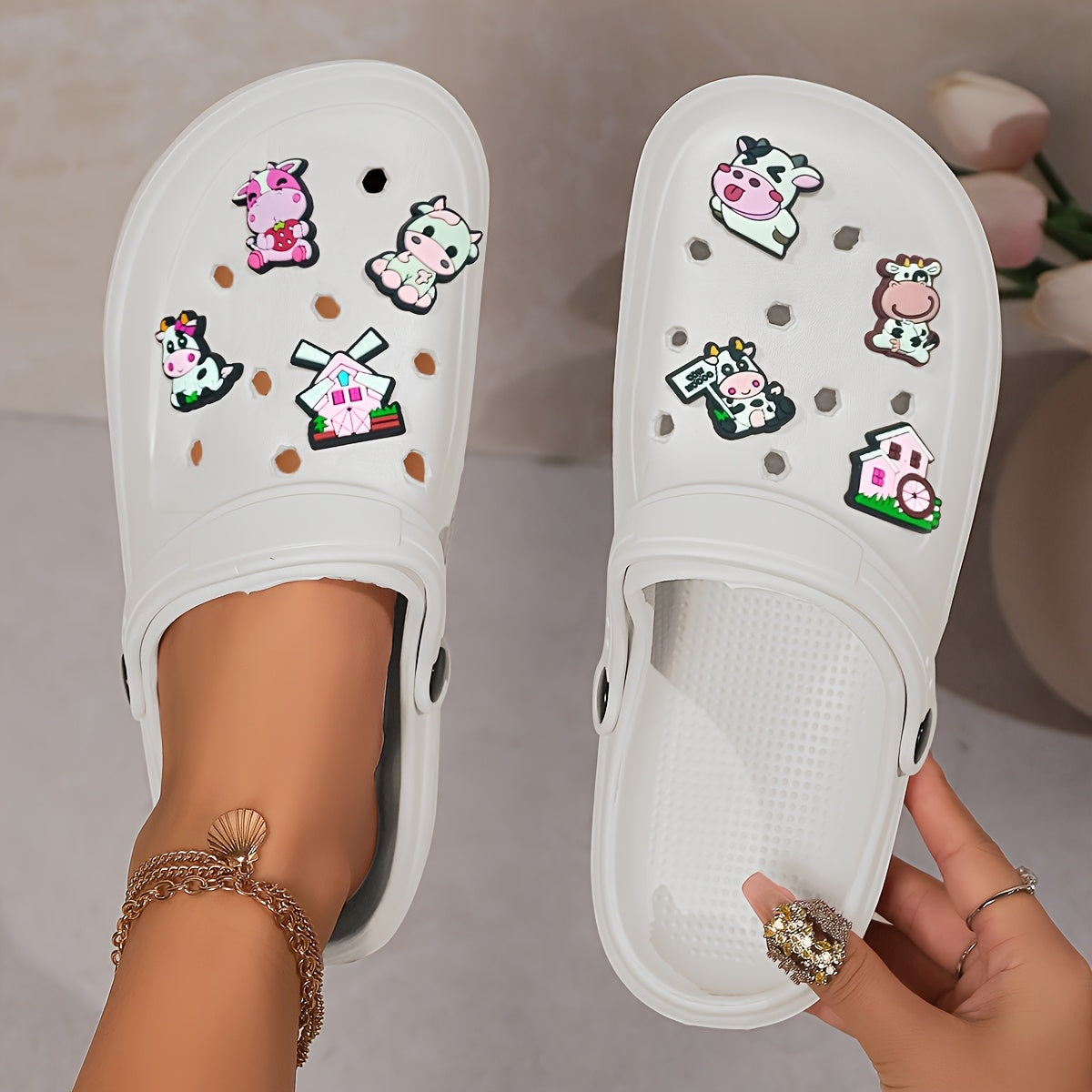 Women's Summer EVA Clogs with Cartoon Cow and Windmill Charms Sandals