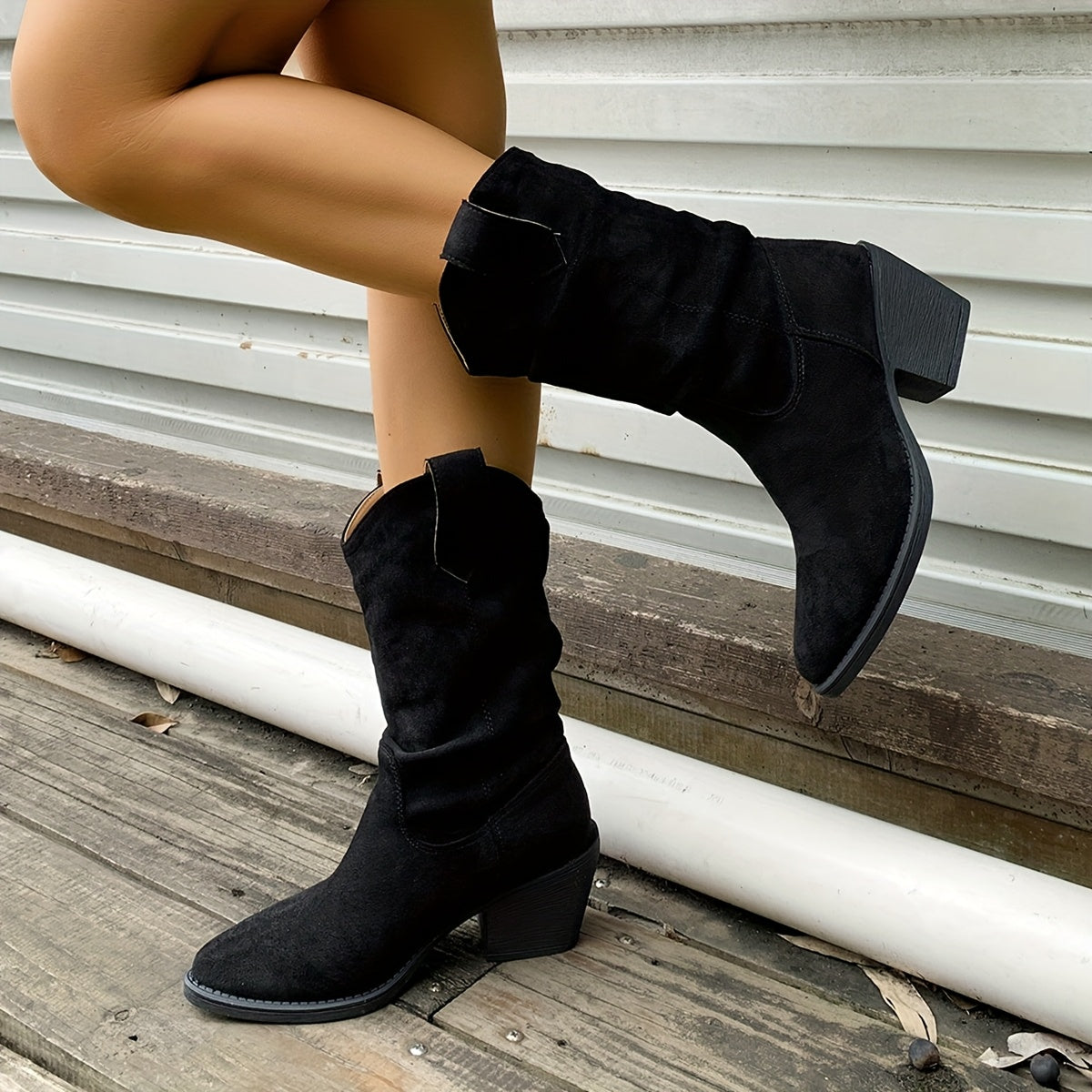 Женские ботинки на среднем каблуке с массивной подошвой и кожзаменителем, легко надевающиеся, для городского стиля