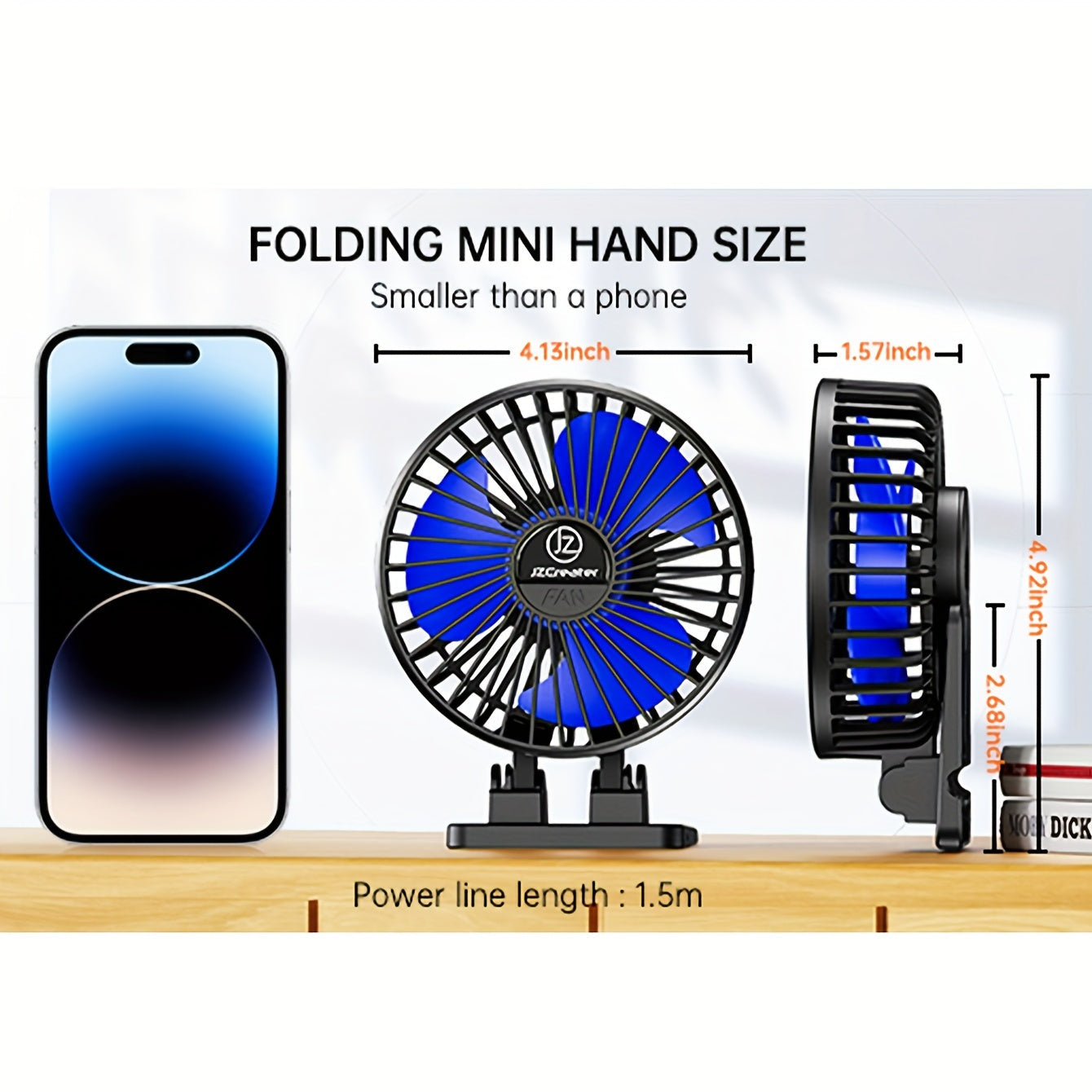 Mini USB Desk Fan Black Blue 3 Speed Portable Cooling for Home Office Travel
