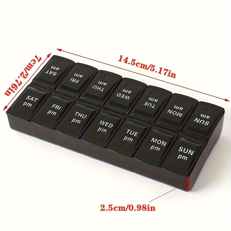 Компактный органайзер для таблеток с 14 отделениями и шрифтом Брайля для ежедневных витаминов и лекарств, черный и прозрачный