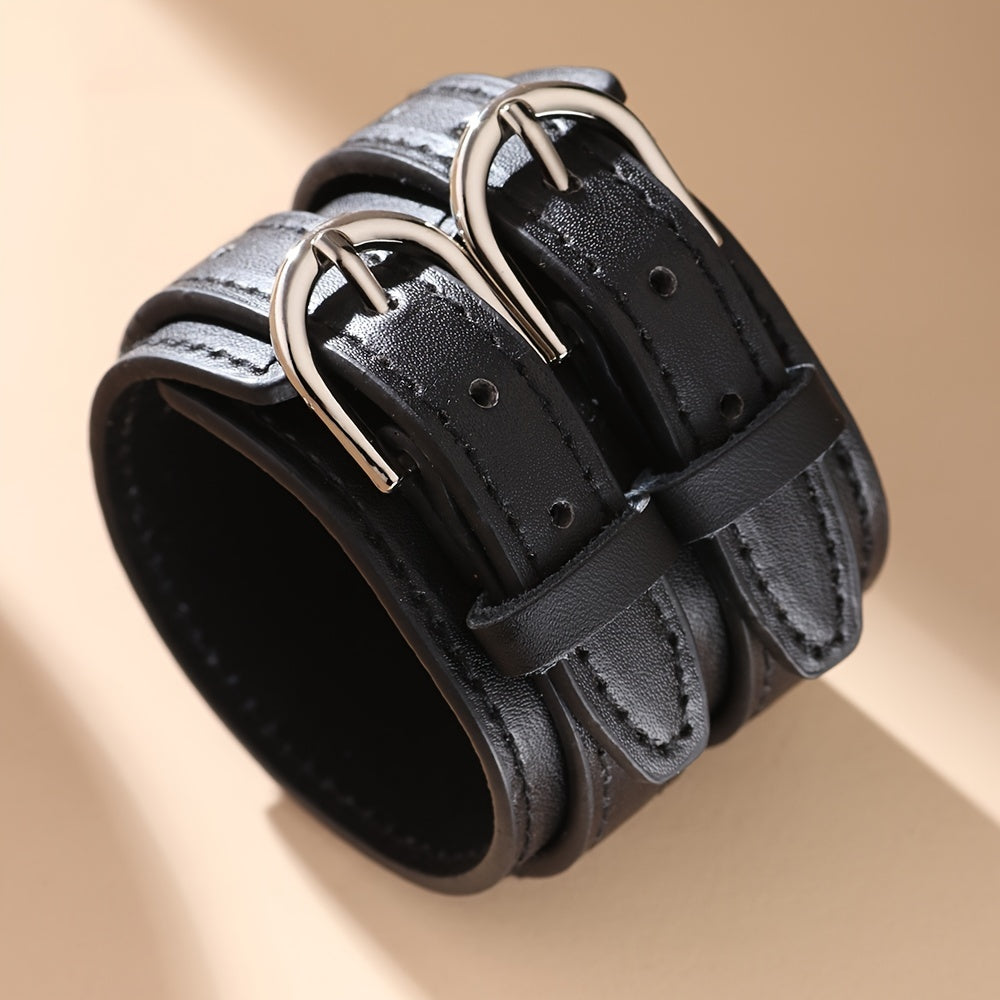 Men's Punk PU Leather Bracelet with Double Buckle and Adjustable Fit