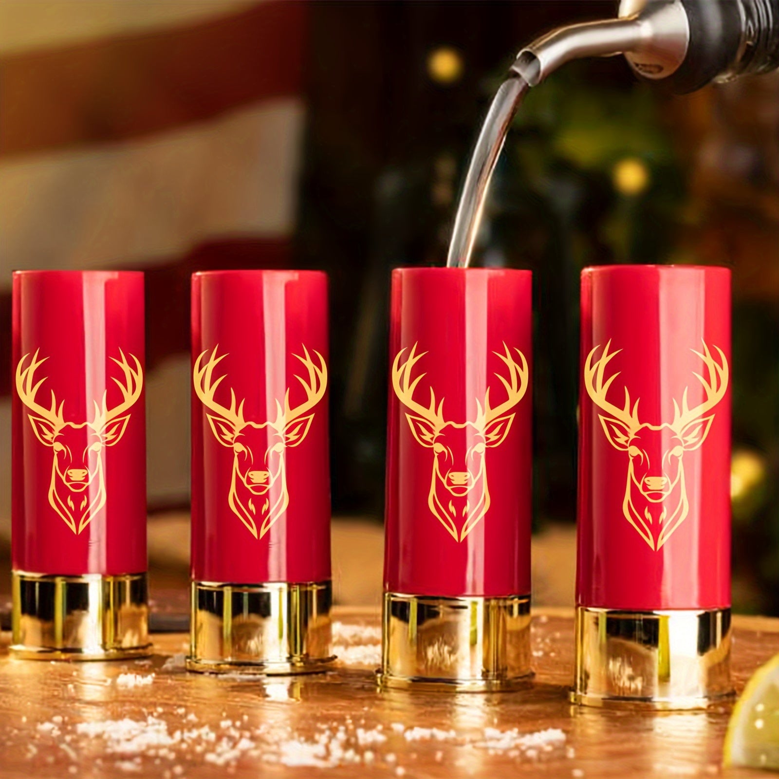 Set of 4 Reusable Plastic Shot Glasses with Deer and Skull Designs and Bullet-Shaped Cups
