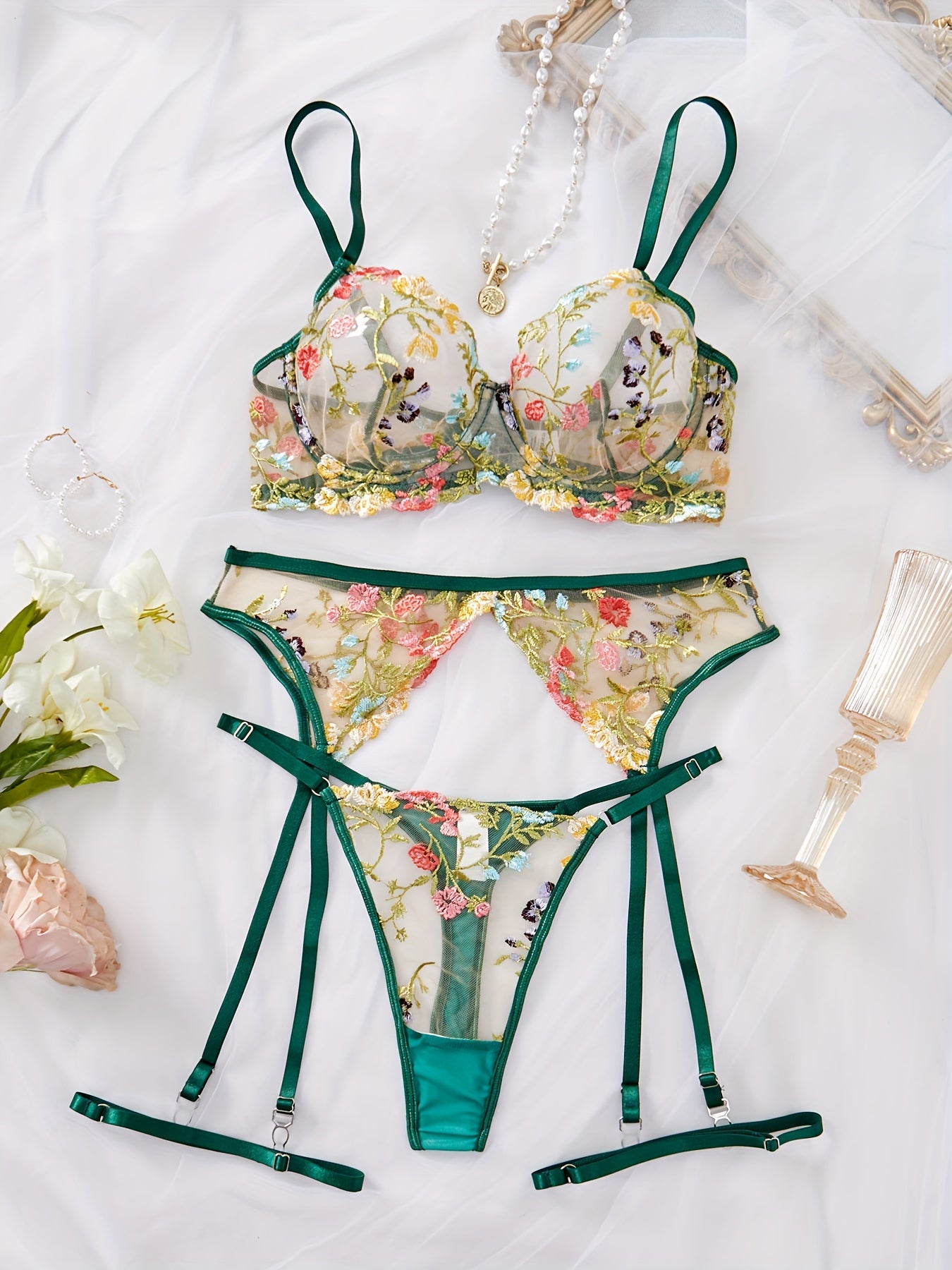 Women's Lingerie Set with Semi-Sheer Mesh Flower Pattern and Hanging Leg Straps Bra and Thong