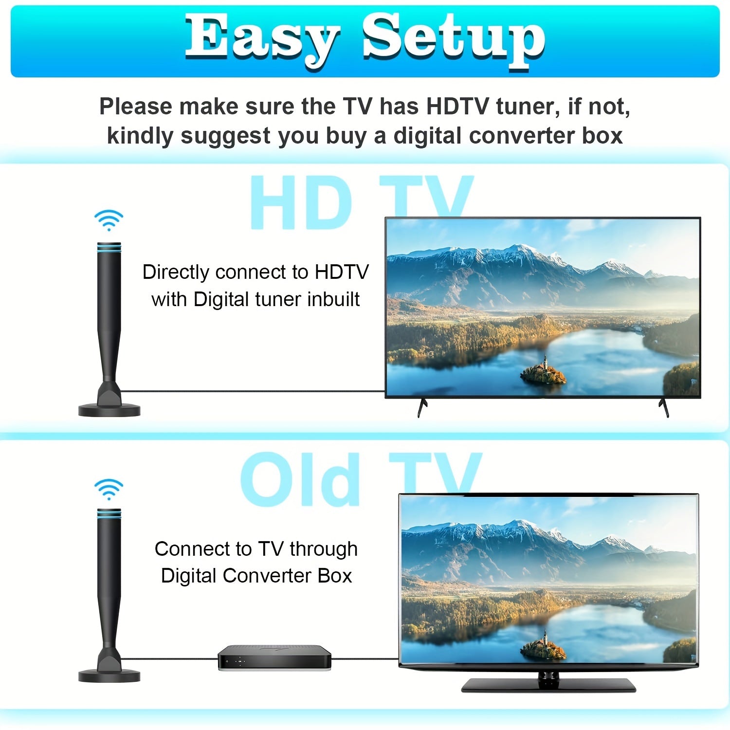 Antena de TV digital HD para interior y exterior, recepción de 360°, compatible con 4K y 1080P