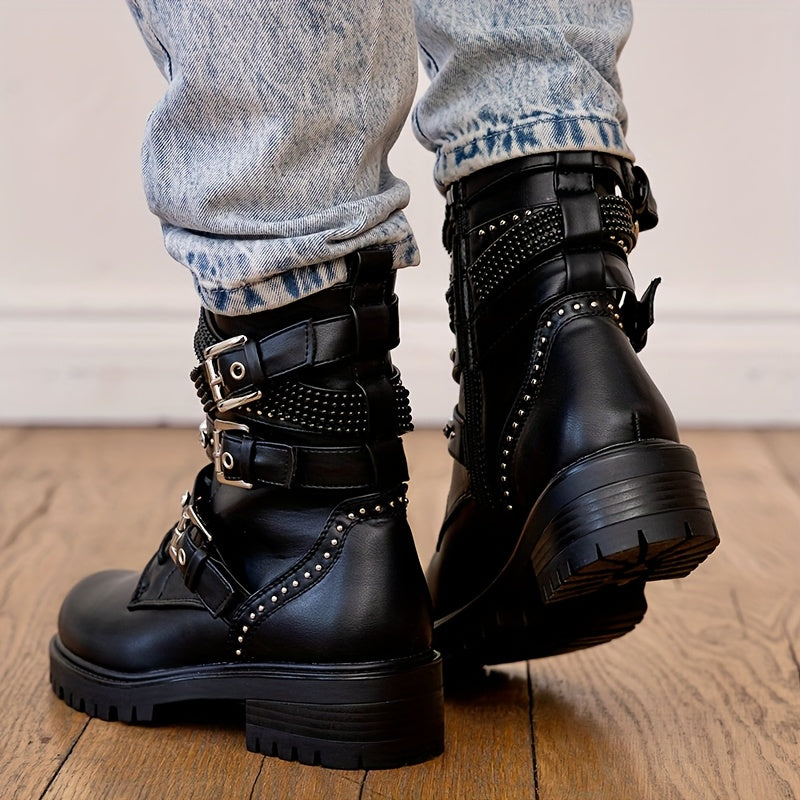 Women's Gothic Punk Motorcycle Boots Faux Leather Chain Zipper Black Chunky Platform