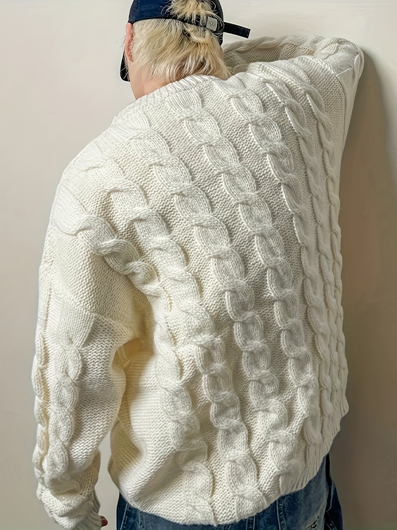 Мужской вязаный свитер с кабельным узором, с круглым вырезом, теплый осенне-зимний пуловер