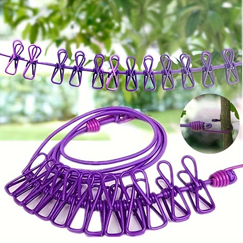 Portable Clothesline with 12 Clips Retractable Windproof Laundry Rope for Camping and Home