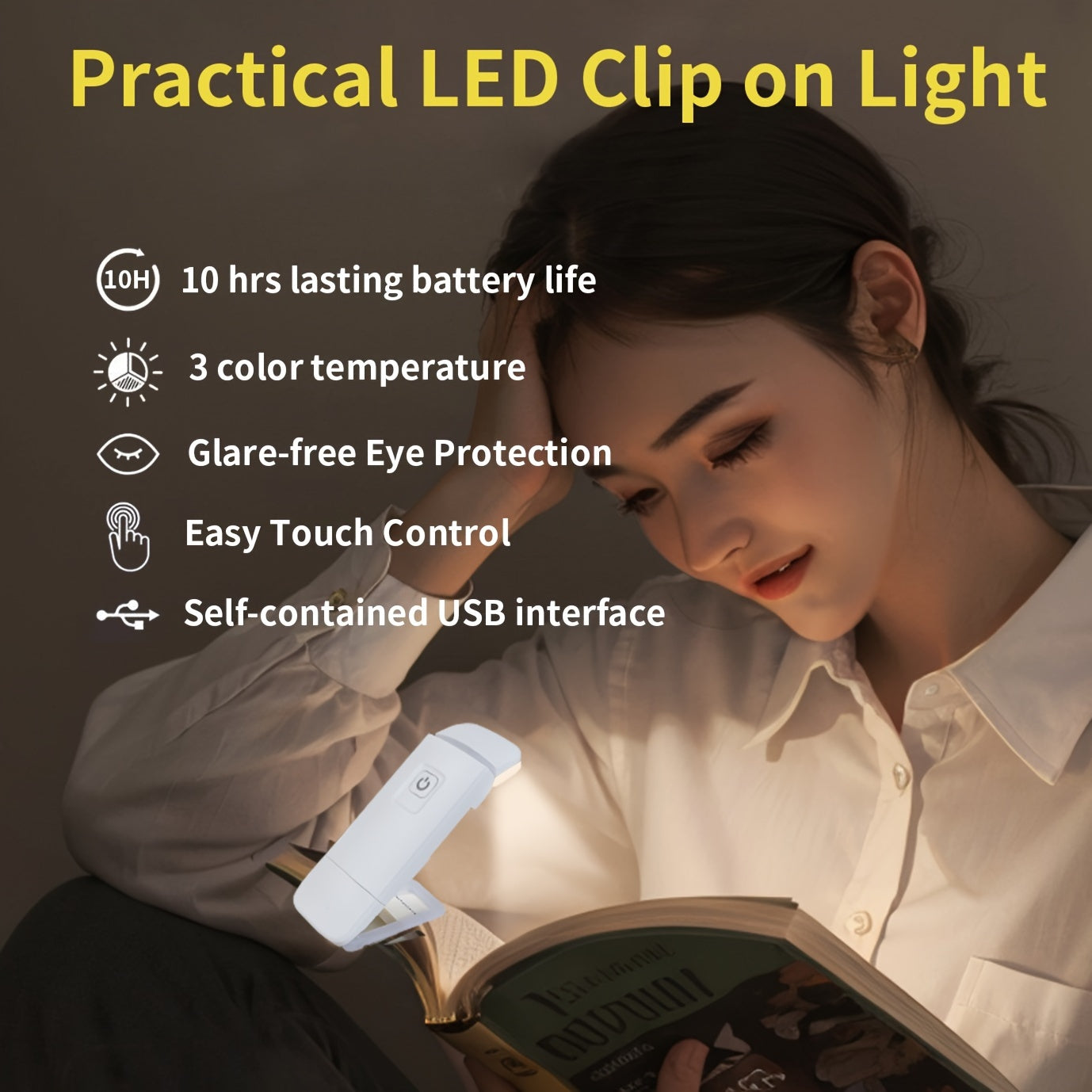 Luz de lectura recargable con diseño de clip, luz de lectura para cuidado de los ojos, montable en pared, batería de litio