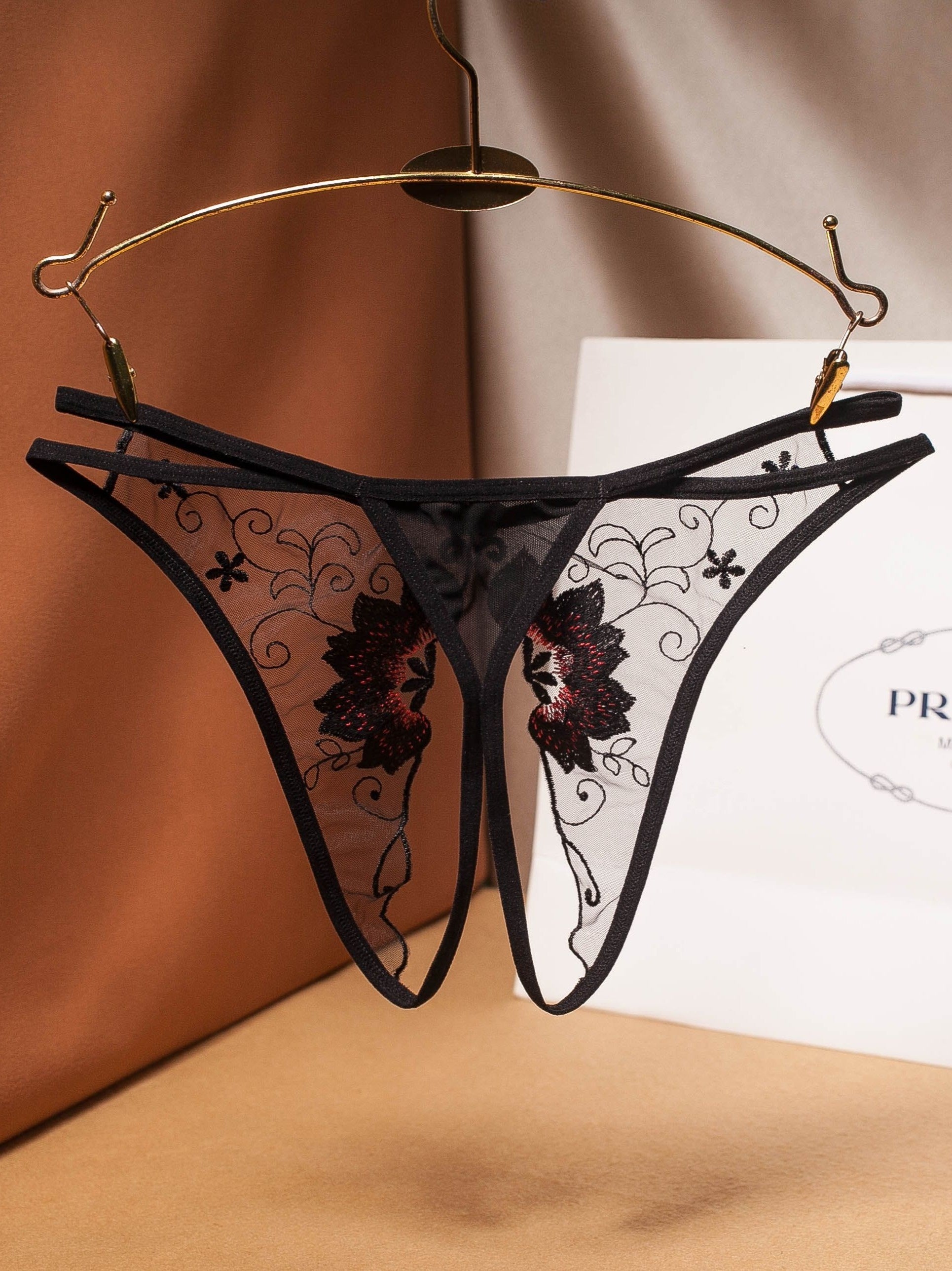 Women's Transparent Mesh Thong Pants with Open Crotch and Embroidery Set of 1 or 6