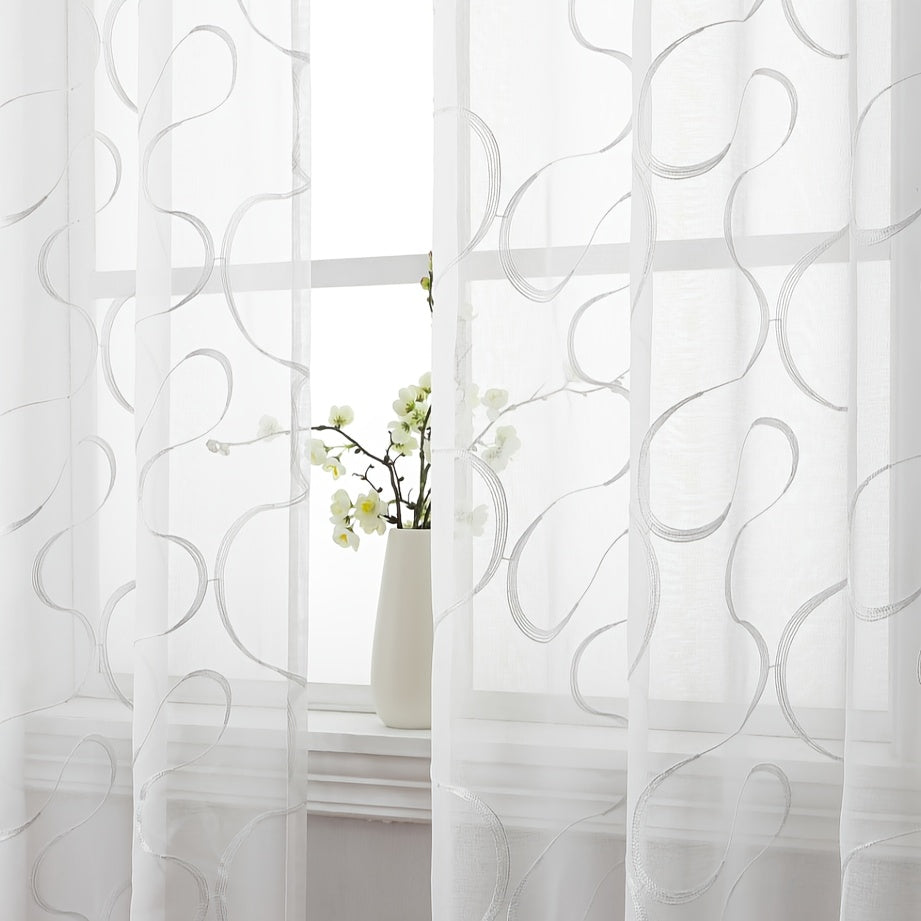 White Grommet Top Sheer Curtains with Embroidered Trellis for Living Room and Bedroom