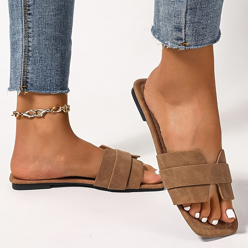 Women's Brown Slide Sandals with Gold Chain Ankle Strap, Open Toe