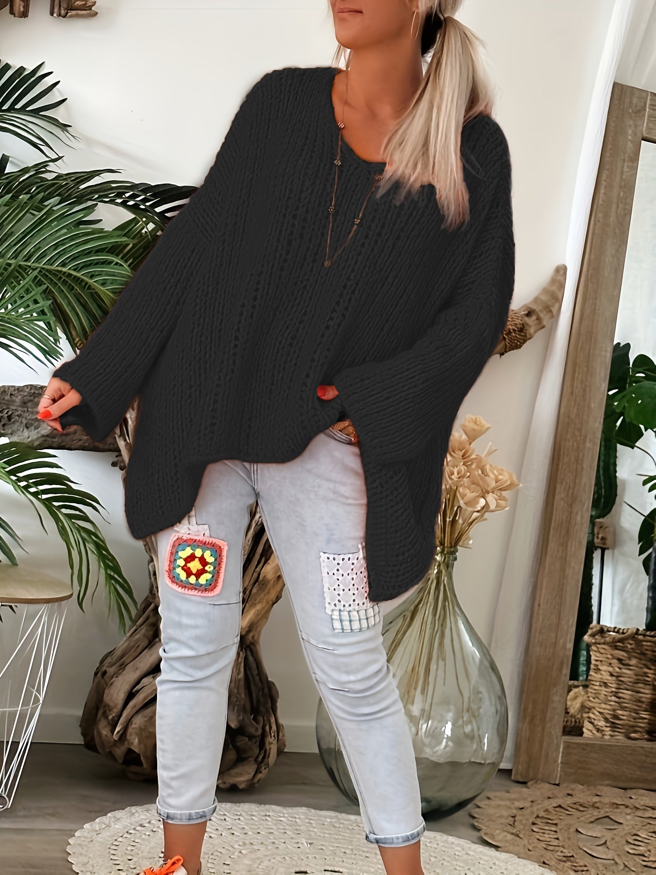 Plus Size Women's V Neck Long Sleeve Oversized Sweater Pullover