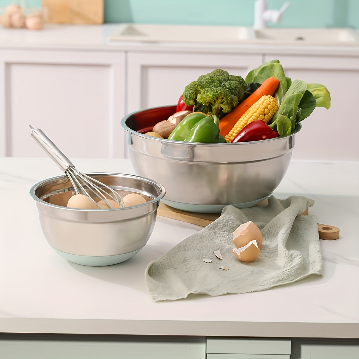 Set of 6 Stainless Steel Mixing Bowls with Lids and Nested Graters Non-Slip Silicone Bottoms