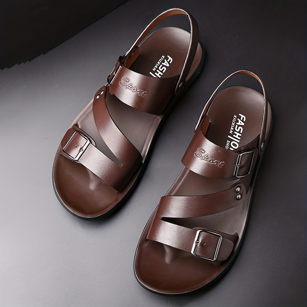 Men's Brown Casual Slip-On Sandals with Rubber Sole Adjustable Buckle