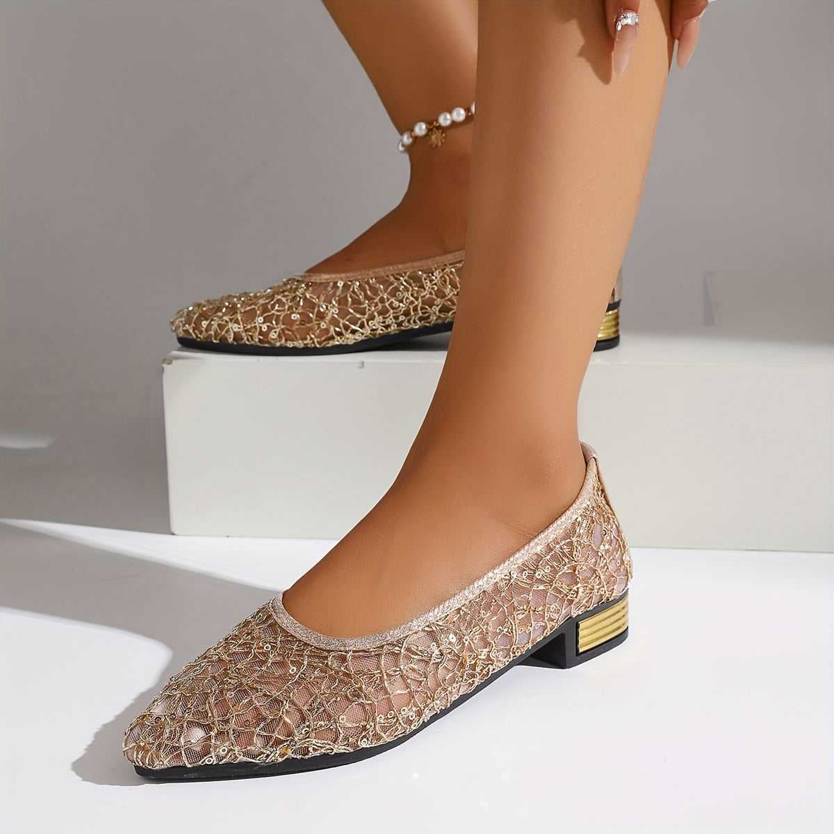 Women's Pointed Toe Ballet Flats Mesh Lace All-Season Slip-On Shoes