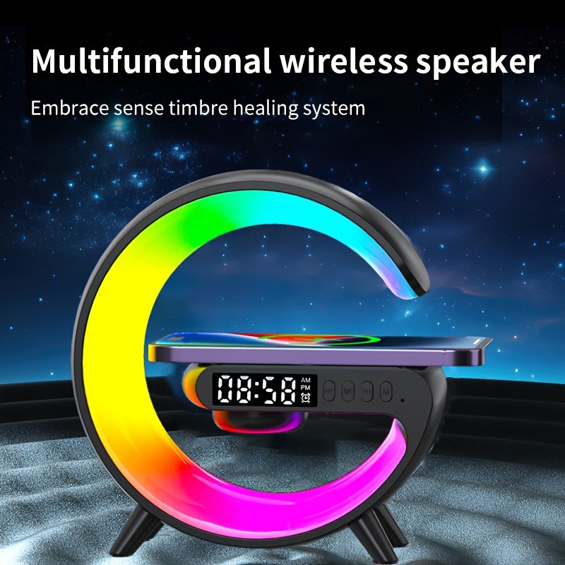 Wireless Charger Stand with RGB Lights Alarm Clock and Speaker for Bedroom and Living Room Decor