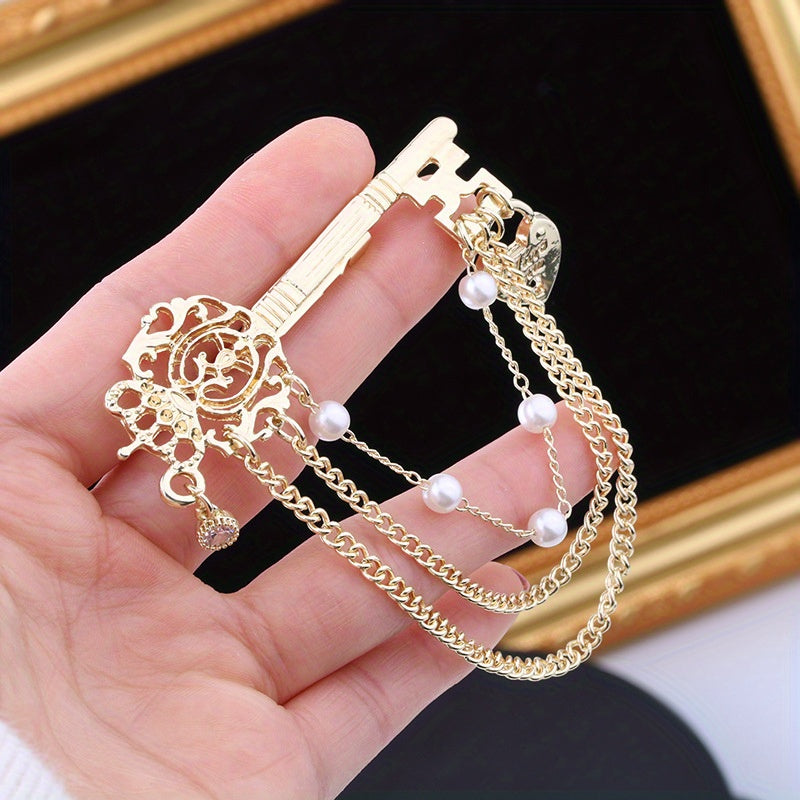 Elegant Key-Shaped Brooch with Rhinestones Pearl and Chain Tassel for Women and Men