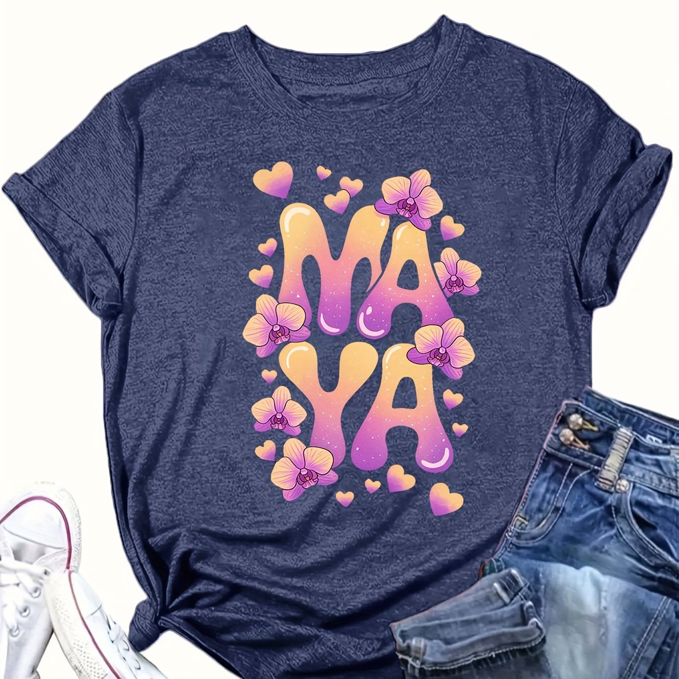 Women's Graphic T-Shirt Pink Floral Casual Loose Fit Summer Autumn Top