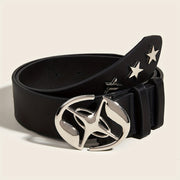 Black PU Belt for Women with Oval Hollow Out Buckle and Star Rivet Decor