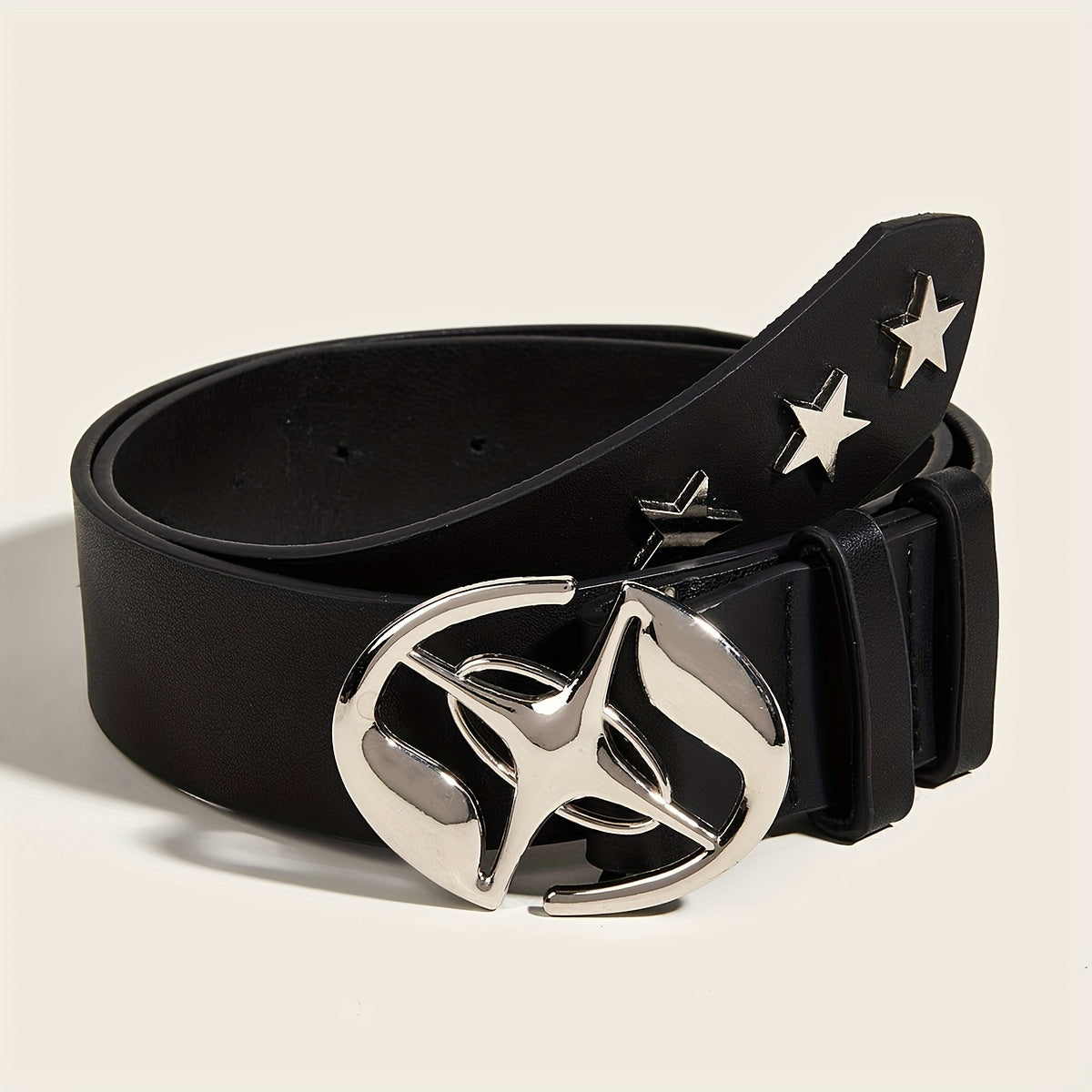 Black PU Belt for Women with Oval Hollow Out Buckle and Star Rivet Decor