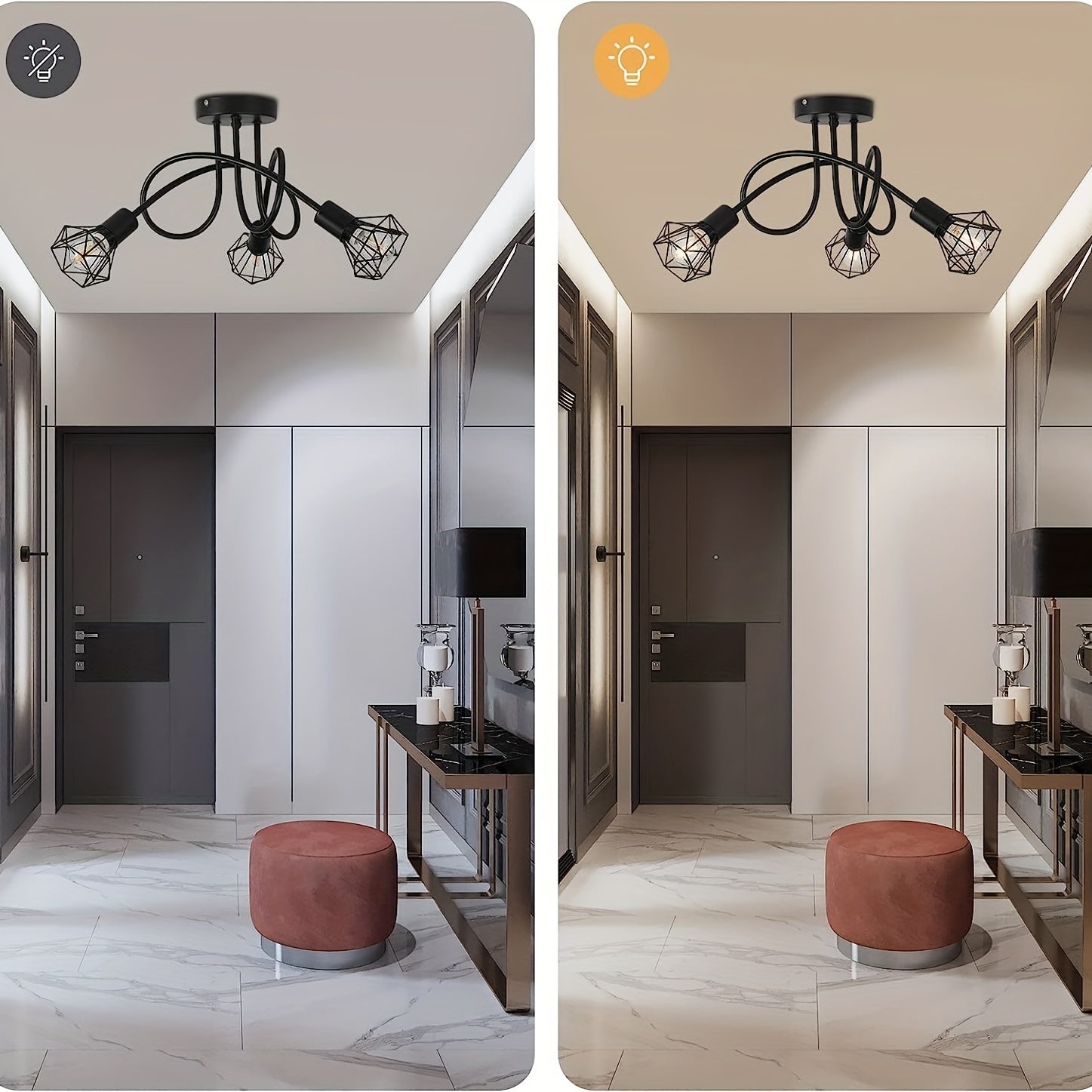 Lámpara de techo de metal negro con 3 luces, base E14, semi empotrada para dormitorio, sala de estar, comedor