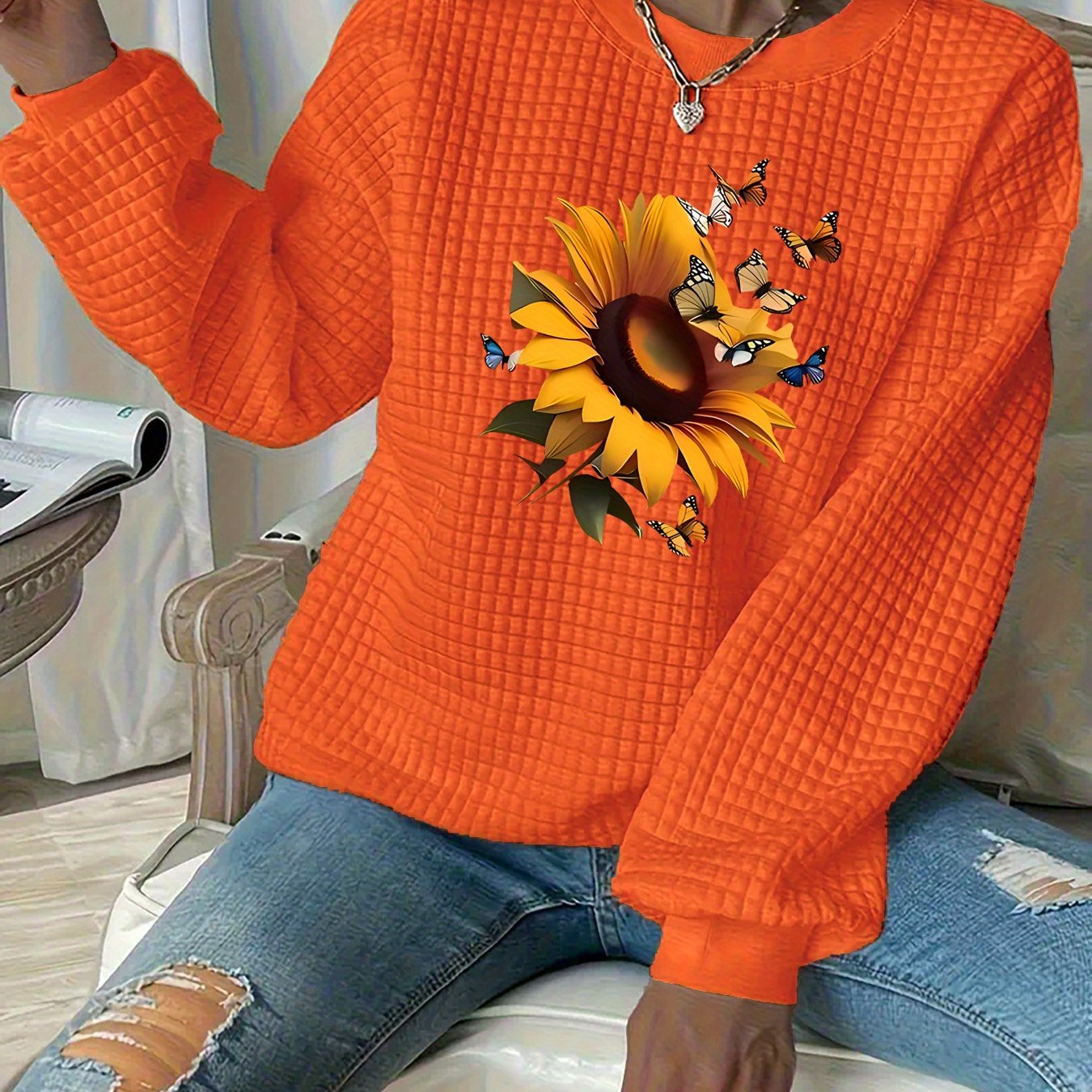 Plus Size Women's Waffle Sweatshirt Floral Sunflower Print Orange Casual Pullover
