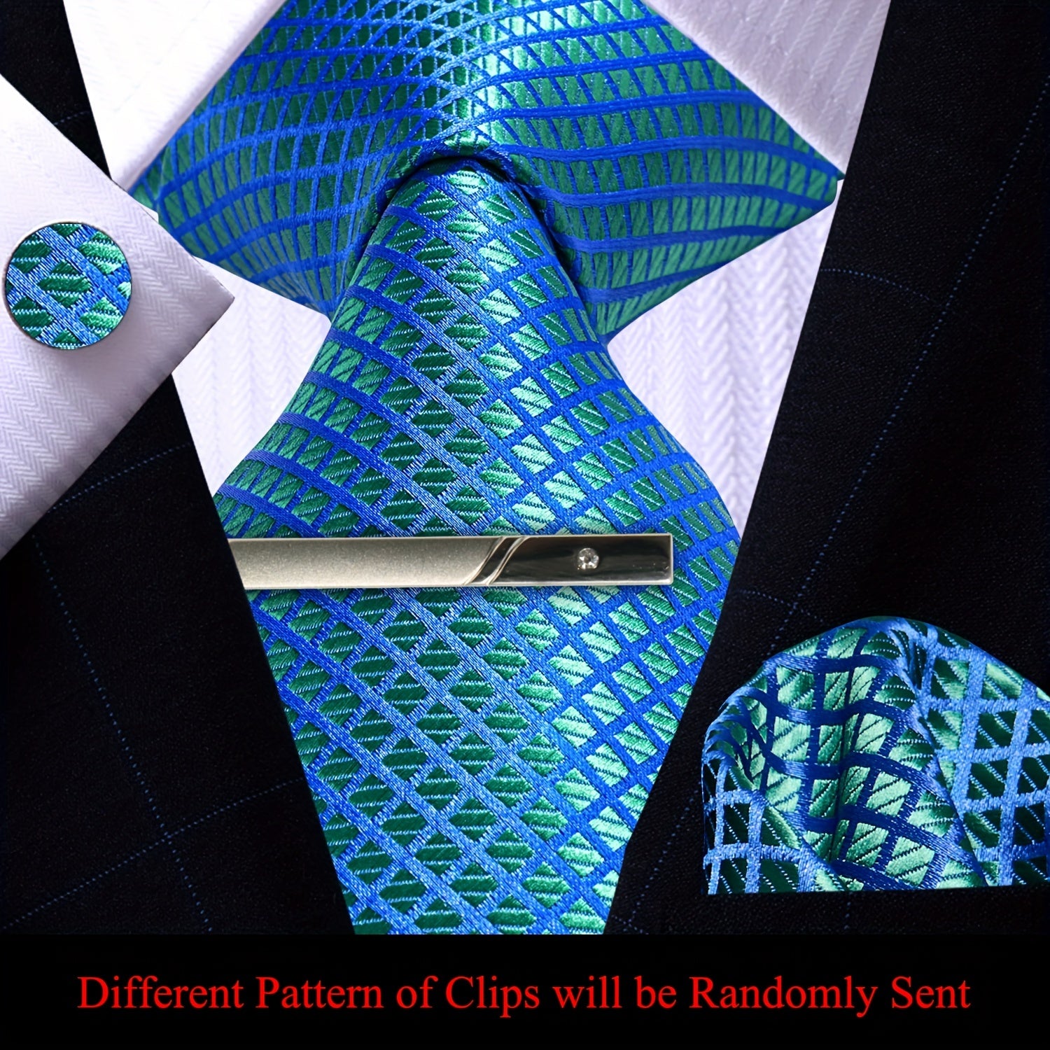 Men's Plaid Tie Pocket Square Cufflinks and Clip Set
