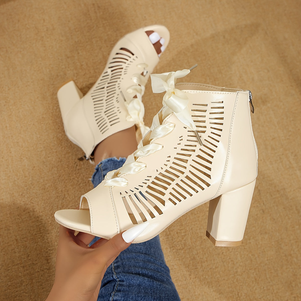 Women's Dress Pumps with Chunky Heel, Hollow Out Design and Back Zipper