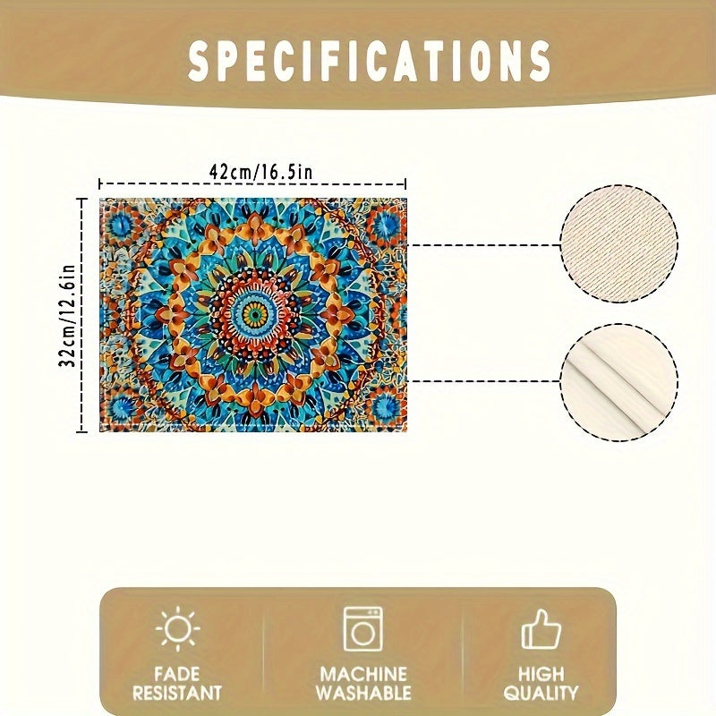 Mandala-Style Placemat Set with Persian Bohemian Design Heat Resistant Washable for Home and Restaurant